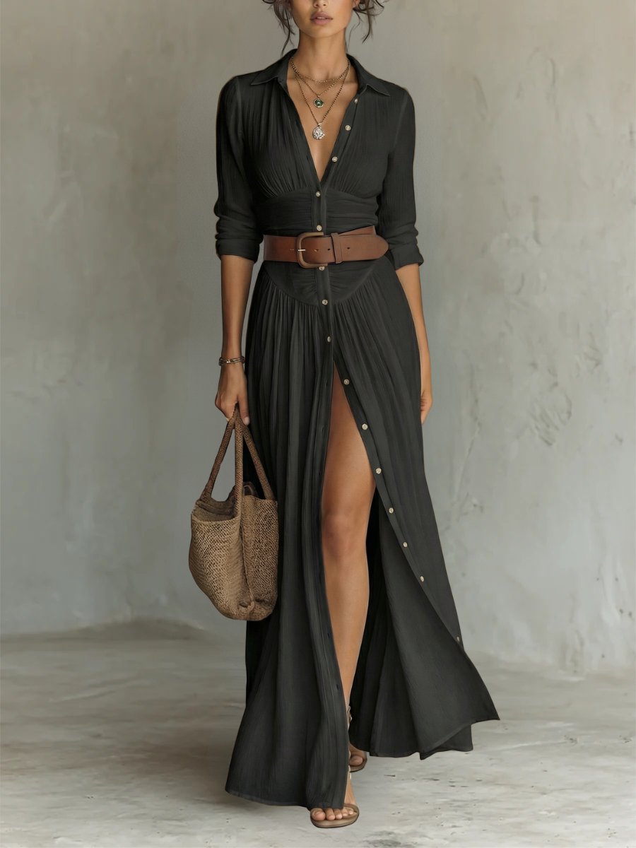 Women's Belted Button-Front Boho Collared Maxi Shirt Dress - Black