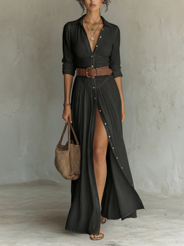Women's Belted Button-Front Boho Collared Maxi Shirt Dress - Black