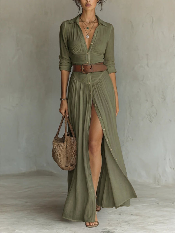 Women's Belted Button-Front Boho Collared Maxi Shirt Dress - Green