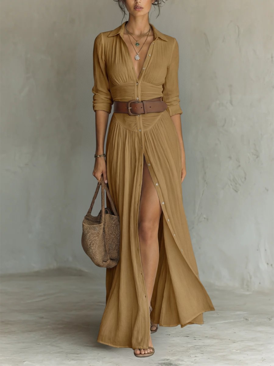 Women's Belted Button-Front Boho Collared Maxi Shirt Dress - Brown