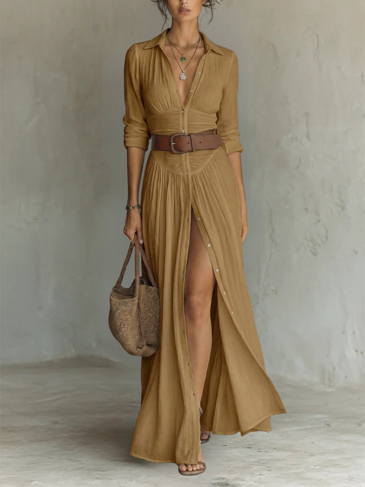 Women's Belted Button-Front Boho Collared Maxi Shirt Dress - Brown