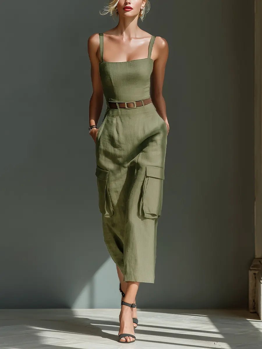Women's Belted Cargo-Pocket Linen Midi Jumpsuit Dress - Olive Green