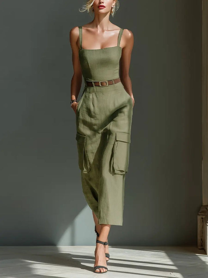 Women's Belted Cargo-Pocket Linen Midi Jumpsuit Dress - Olive Green