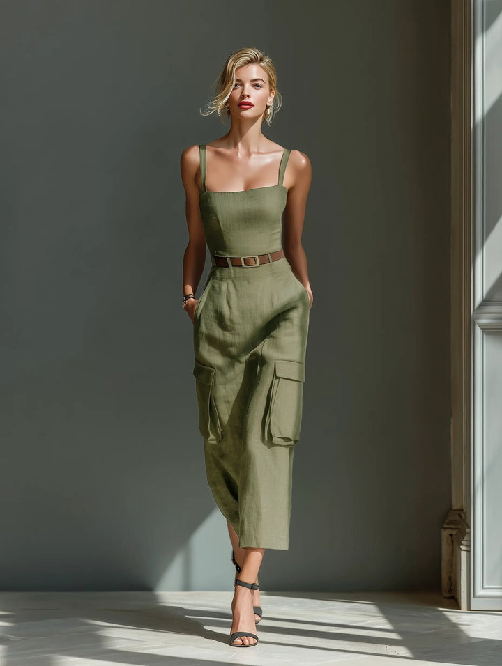 Women's Belted Cargo-Pocket Linen Midi Jumpsuit Dress