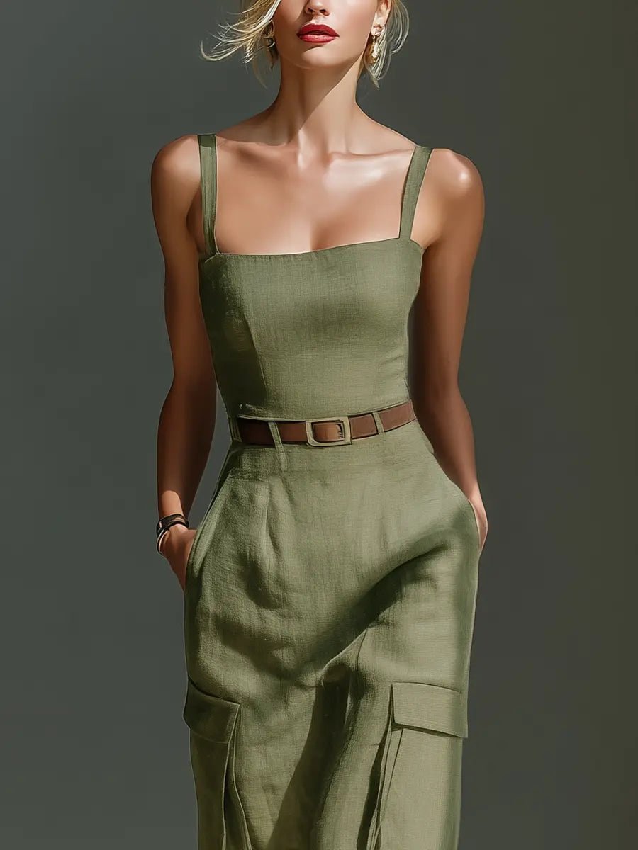 Women's Belted Cargo-Pocket Linen Midi Jumpsuit Dress