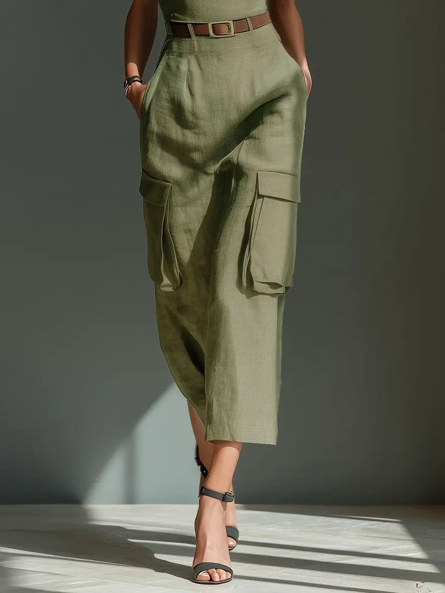 Women's Belted Cargo-Pocket Linen Midi Jumpsuit Dress