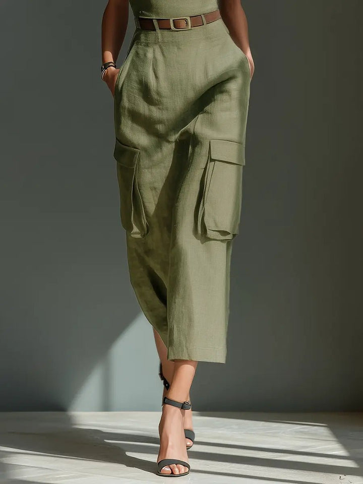Women's Belted Cargo-Pocket Linen Midi Jumpsuit Dress