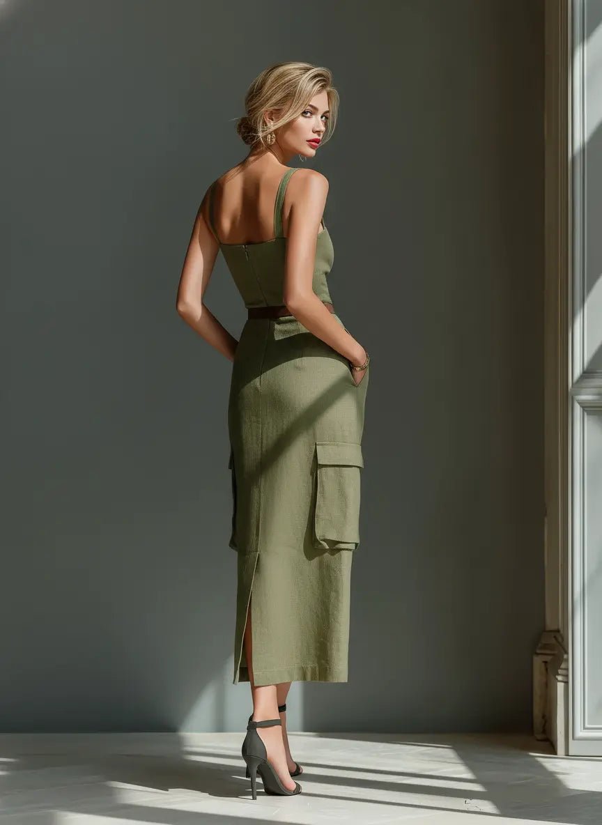 Women's Belted Cargo-Pocket Linen Midi Jumpsuit Dress