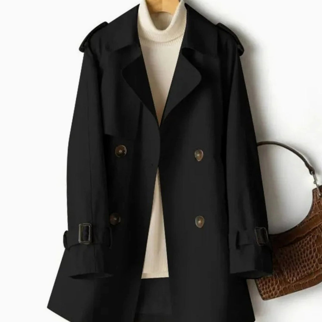 Women's Belted Double-Breasted Trench Coat Notch Lapel - Black