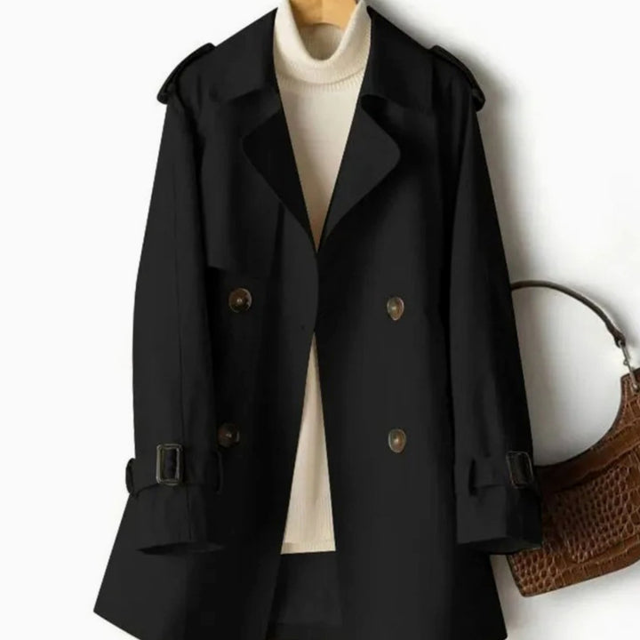 Women's Belted Double-Breasted Trench Coat Notch Lapel - Black