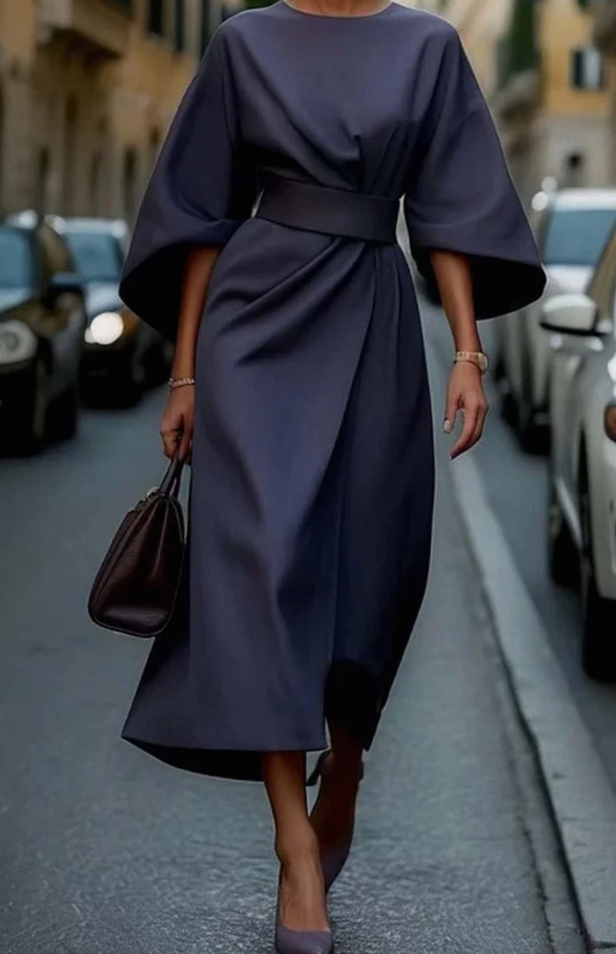 Women's Belted Lantern-Sleeve Midi Elegant Dress - Navy Blue