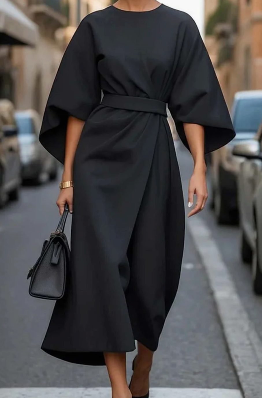 Women's Belted Lantern-Sleeve Midi Elegant Dress - Black