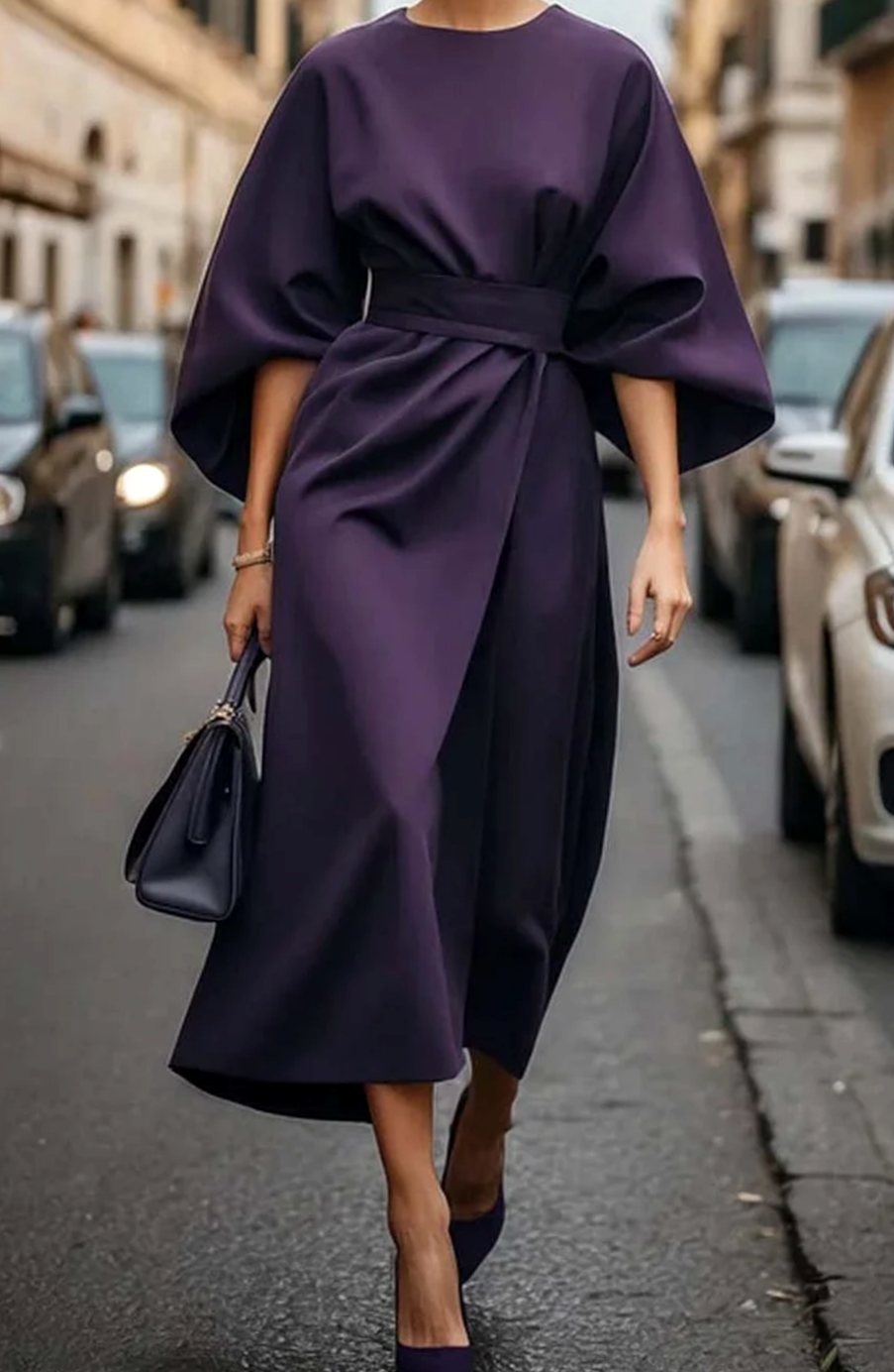 Women's Belted Lantern-Sleeve Midi Elegant Dress - Purple