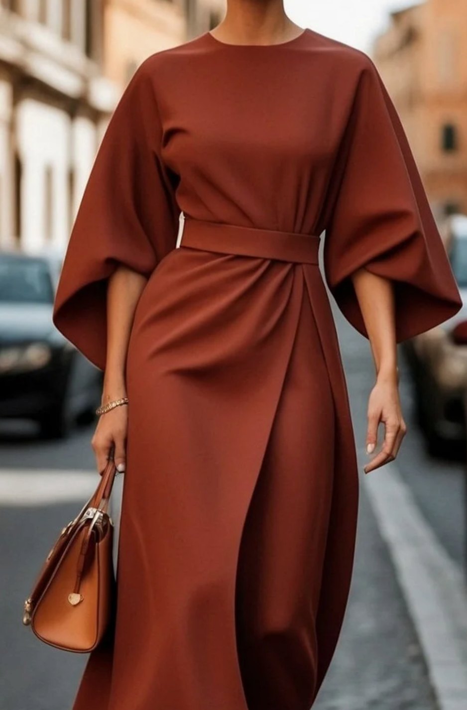 Women's Belted Lantern-Sleeve Midi Elegant Dress - Rust Brown
