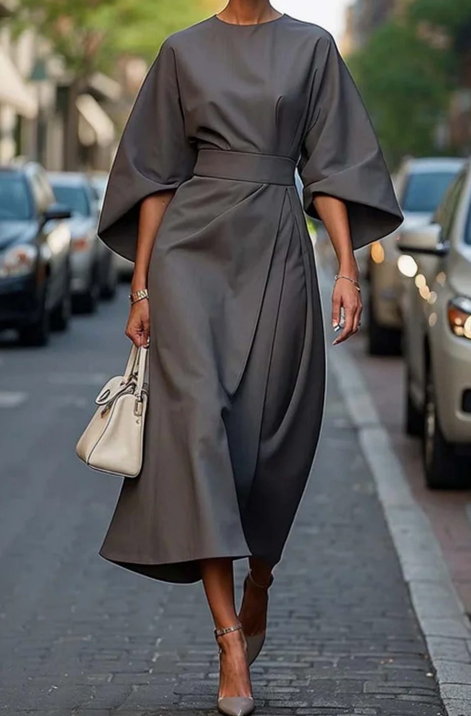 Women's Belted Lantern-Sleeve Midi Elegant Dress - Gray