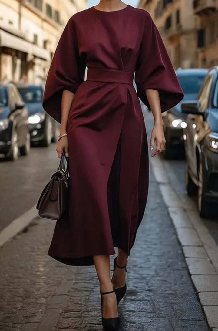 Women's Belted Lantern-Sleeve Midi Elegant Dress - Burgundy