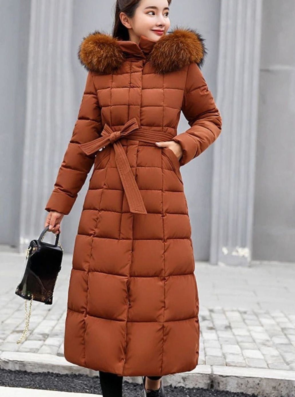 Women's Belted Long Quilted Hooded Puffer Coat - Caramel