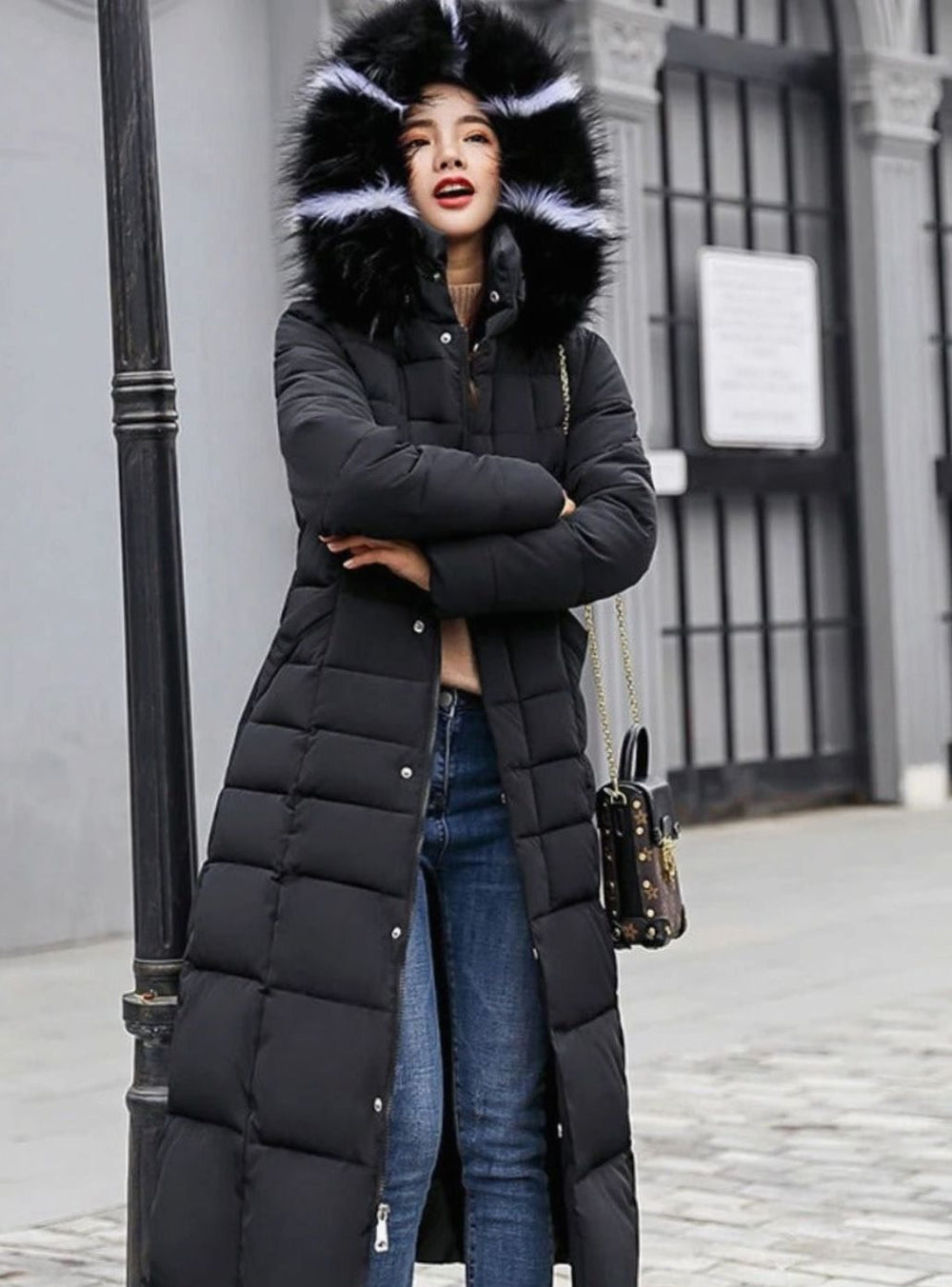 Women's Belted Long Quilted Hooded Puffer Coat - Black