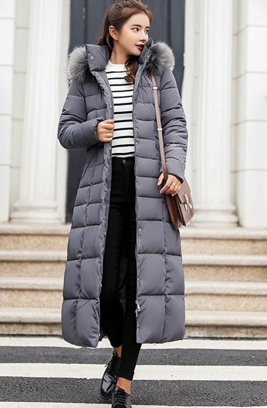 Women's Belted Long Quilted Hooded Puffer Coat - Dark Gray