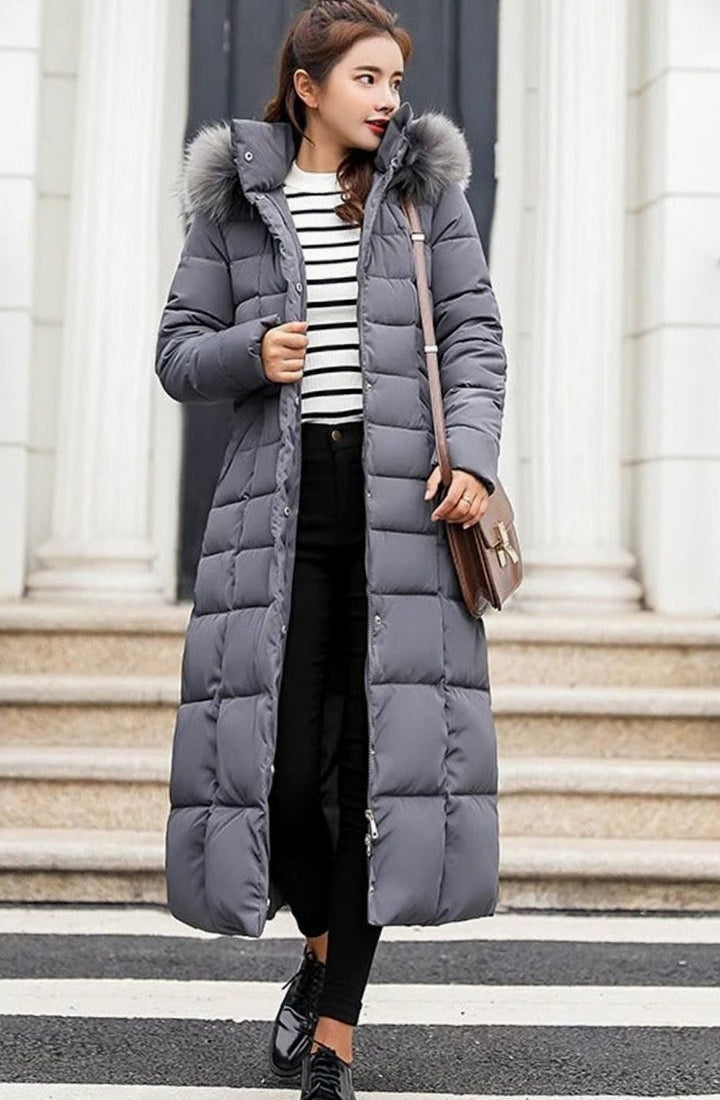 Women's Belted Long Quilted Hooded Puffer Coat - Dark Gray