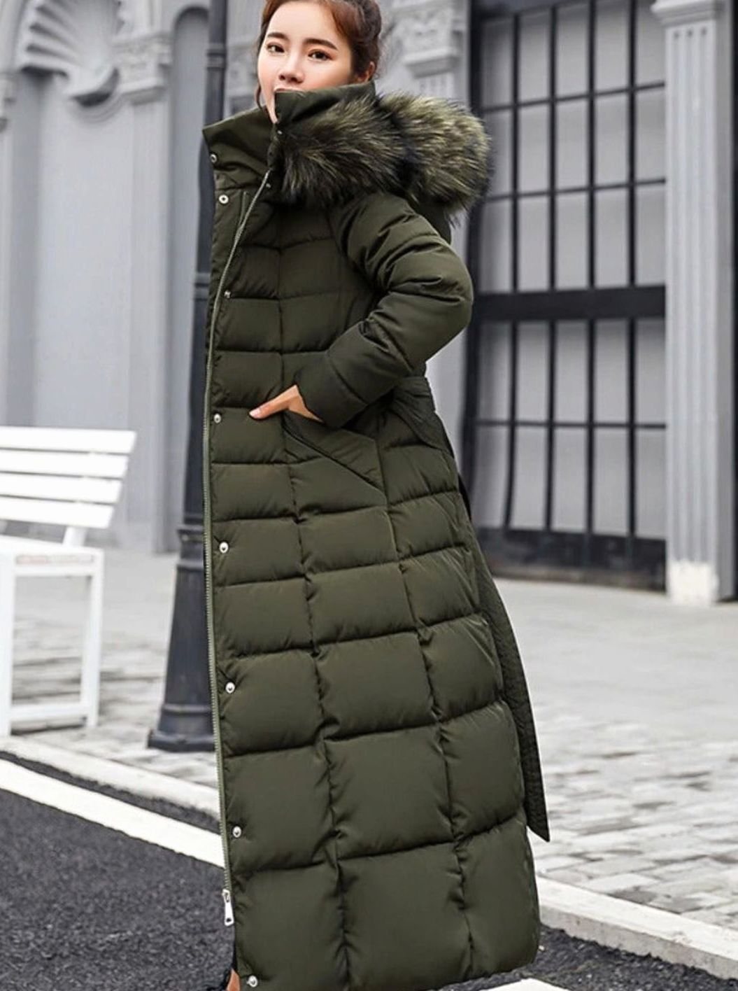 Women's Belted Long Quilted Hooded Puffer Coat - Army Green