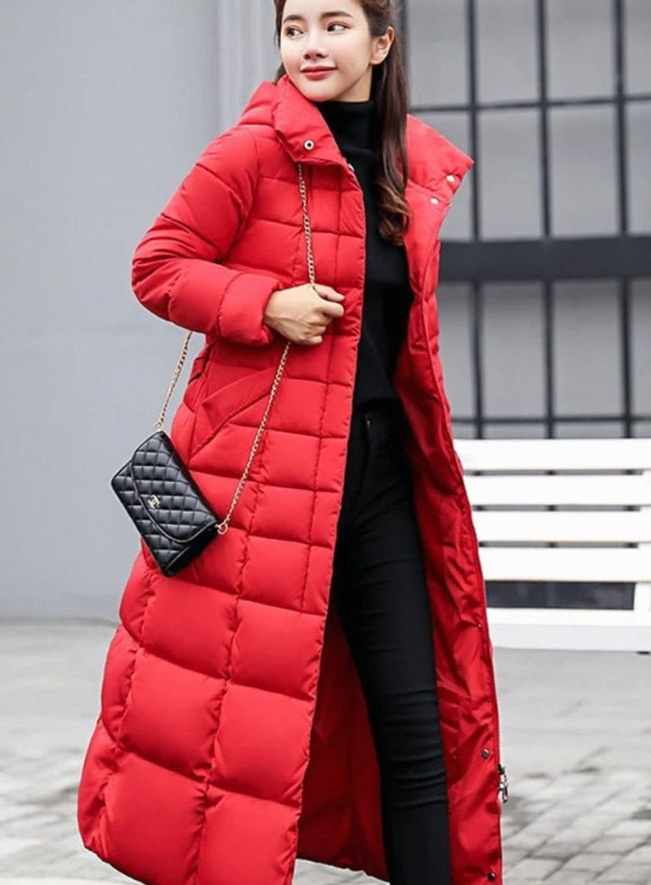 Women's Belted Long Quilted Hooded Puffer Coat - Red
