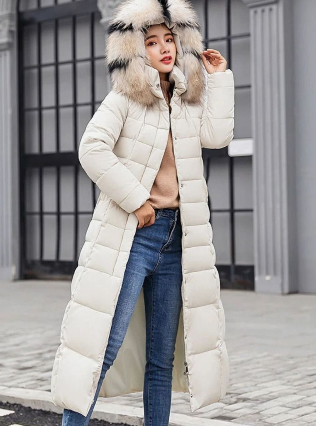 Women's Belted Long Quilted Hooded Puffer Coat - Off White