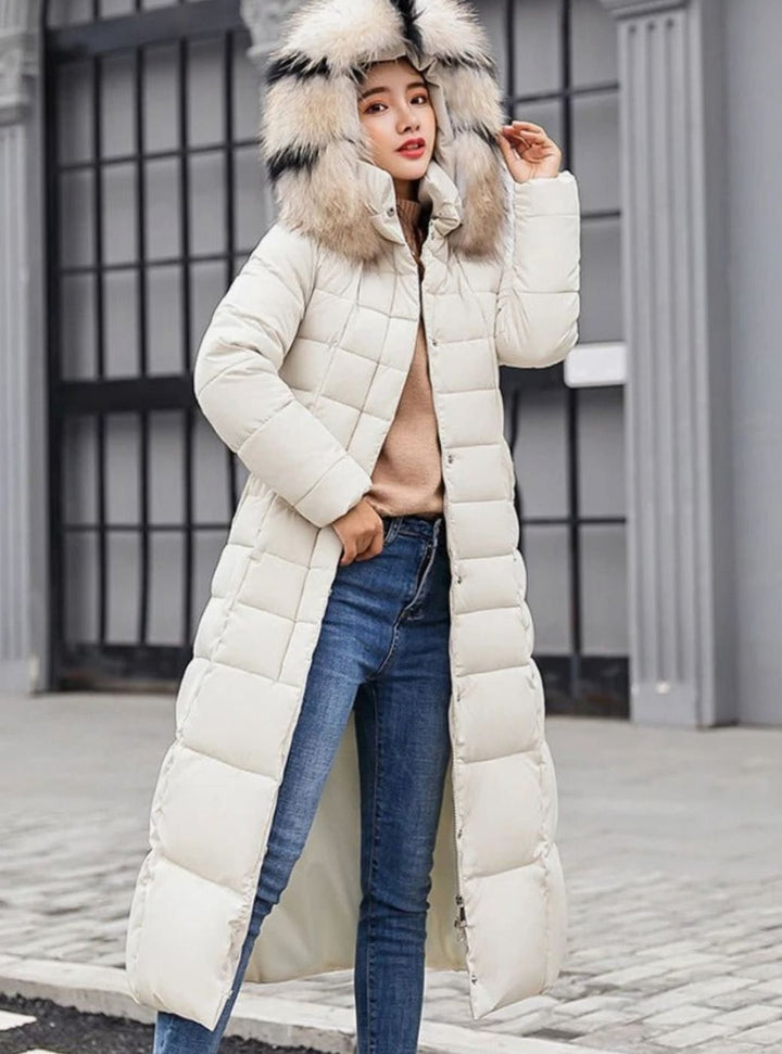 Women's Belted Long Quilted Hooded Puffer Coat - Off White