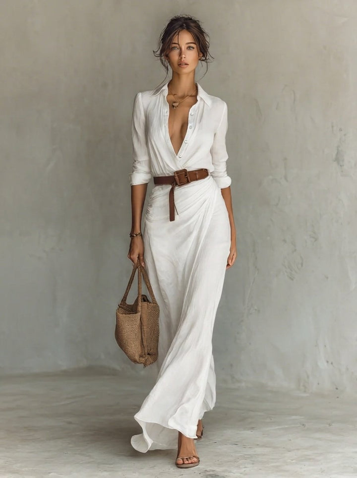 Women's Belted Maxi Long Sleeve Dress Shirt Collar Flowy - White
