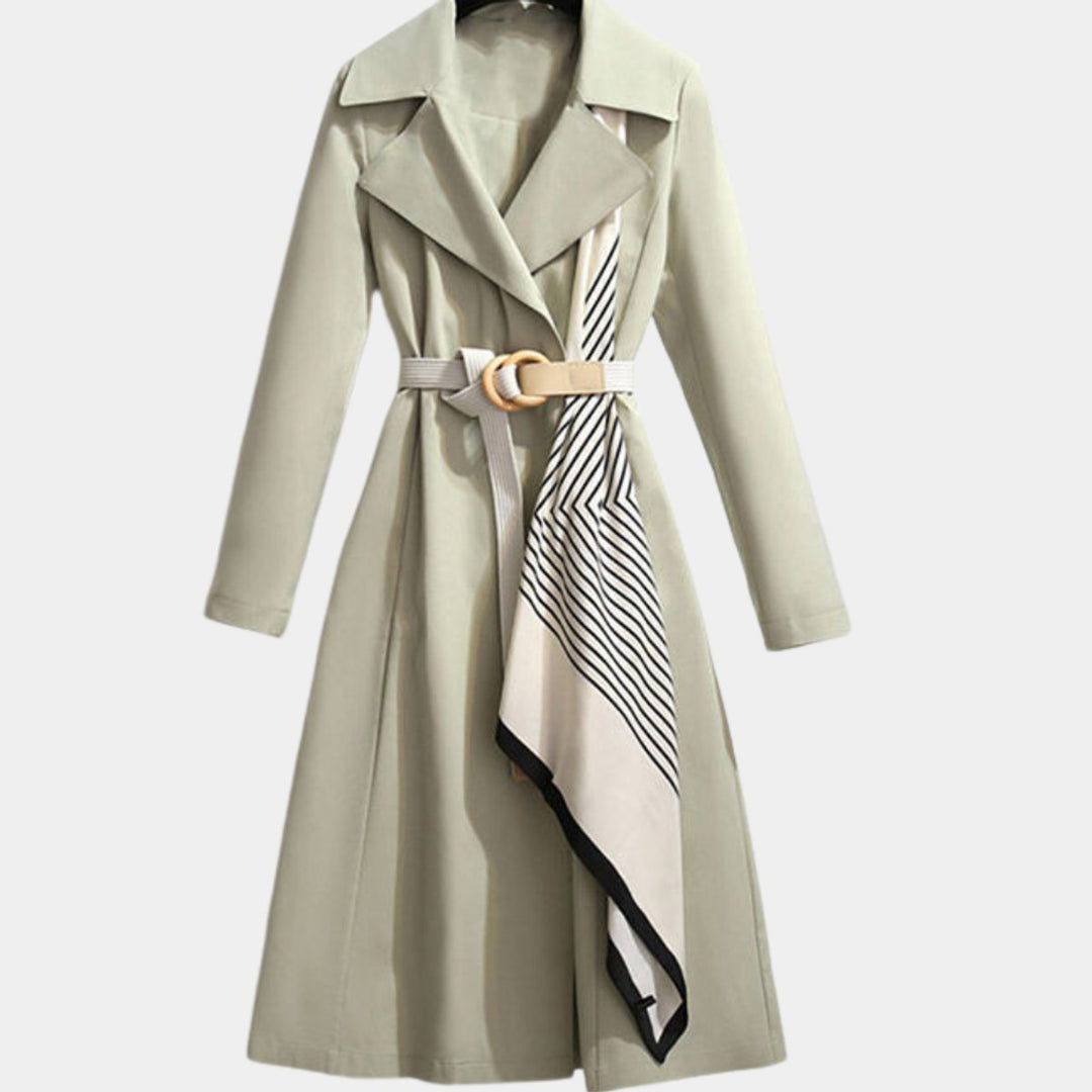 Women's Belted Midi Trench Coat Relaxed Elegant Outerwear - Green