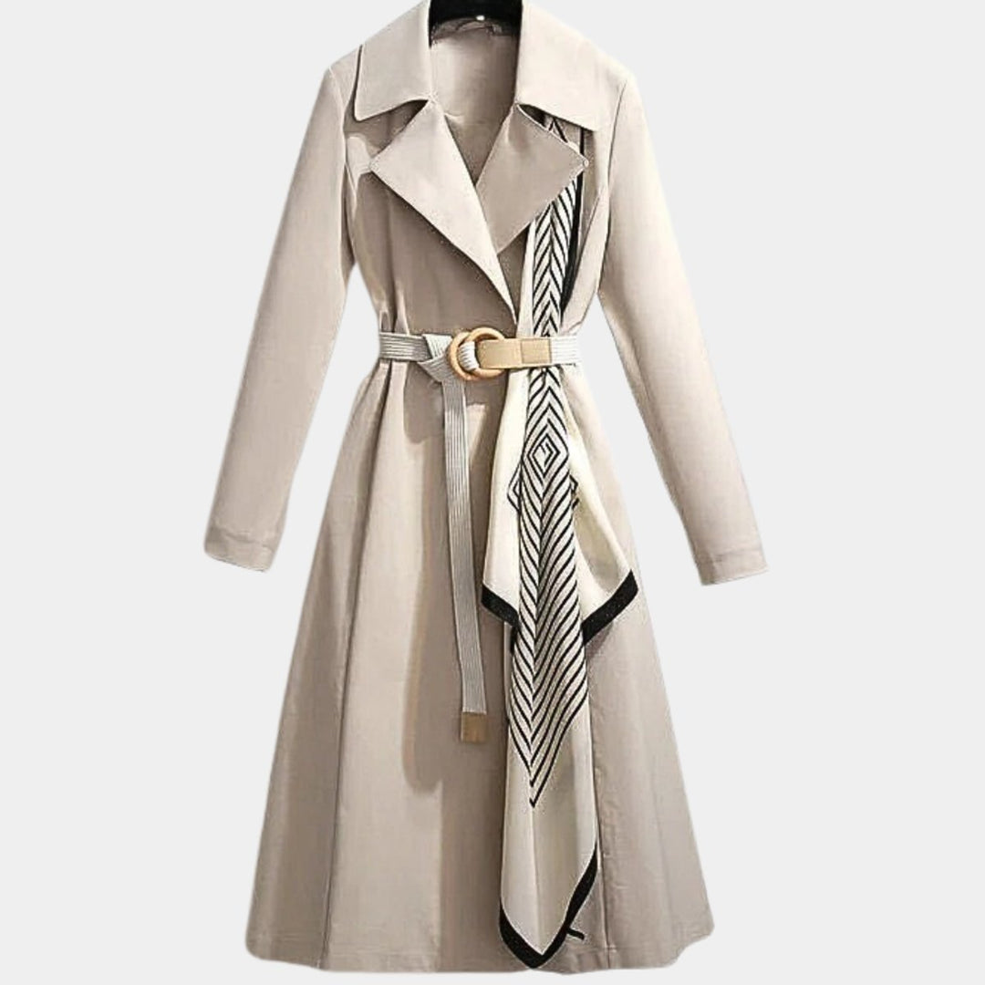 Women's Belted Midi Trench Coat Relaxed Elegant Outerwear - Beige