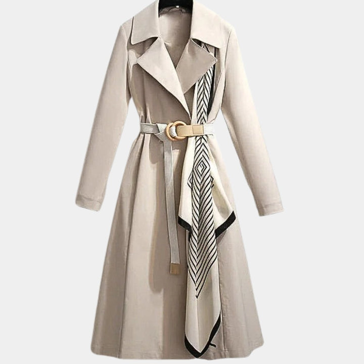 Women's Belted Midi Trench Coat Relaxed Elegant Outerwear - Beige