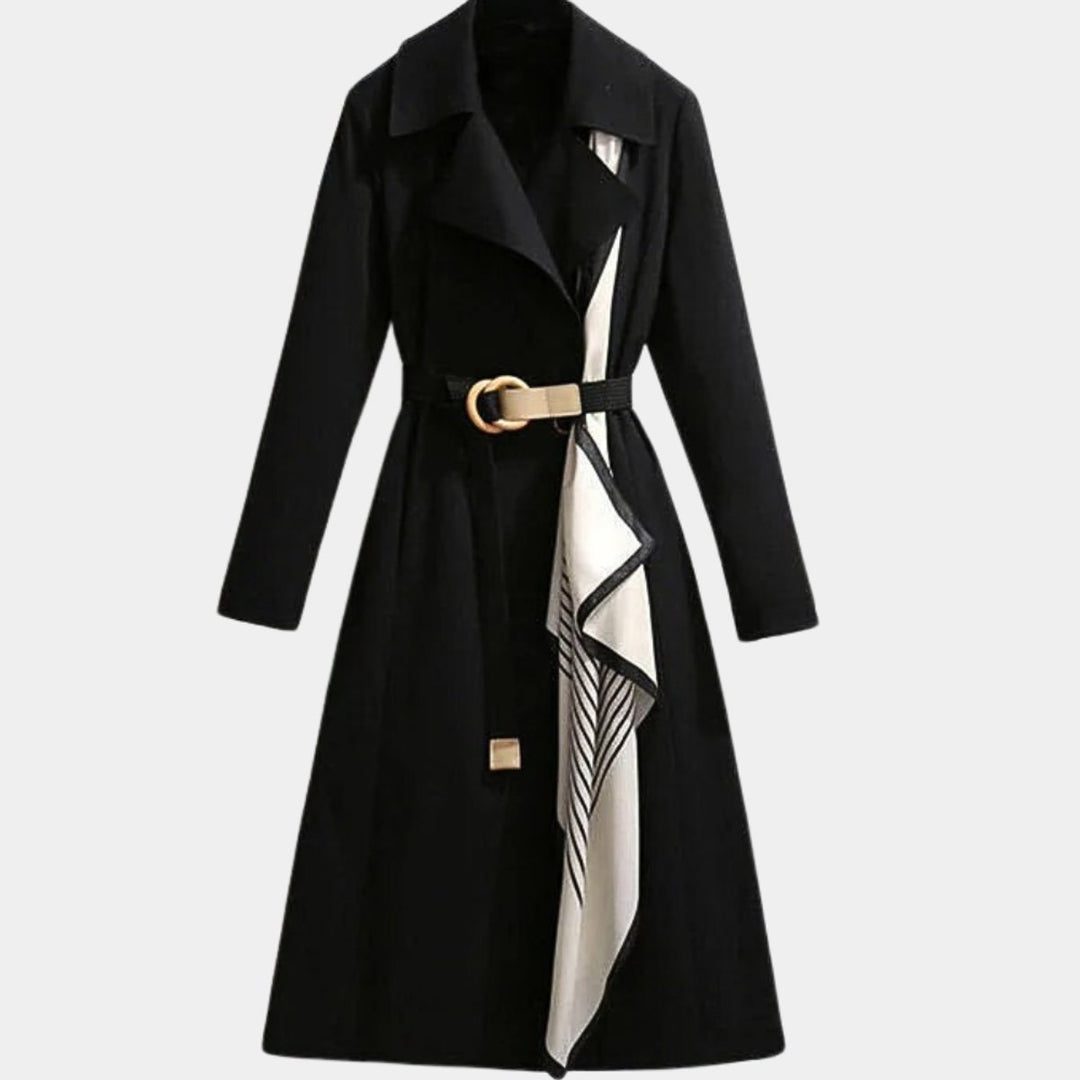 Women's Belted Midi Trench Coat Relaxed Elegant Outerwear - Black