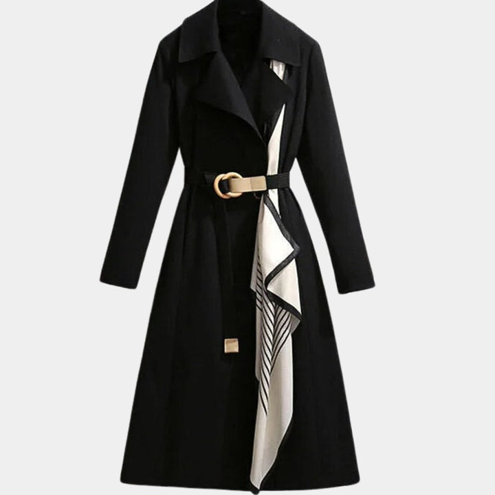 Women's Belted Midi Trench Coat Relaxed Elegant Outerwear - Black