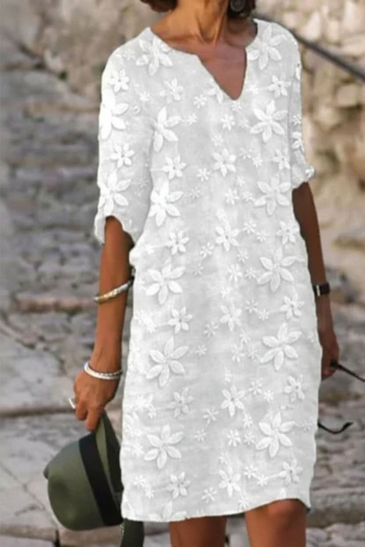 Women's Black Floral Lace V-Neck Evening Gown Midi Dress - White