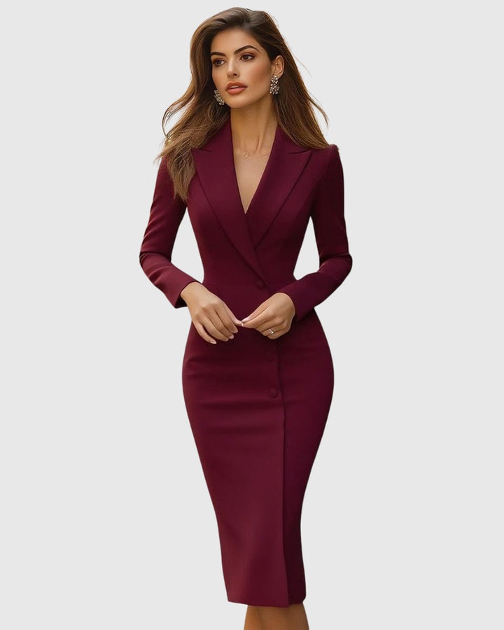 Women's Blazer-Style Tailored Long Sleeve Dress Midi Sheath