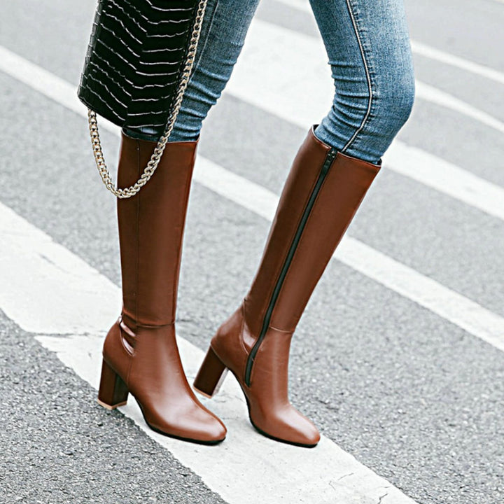 Women's Block-Heel Side-Zip Knee-High Boots - Brown