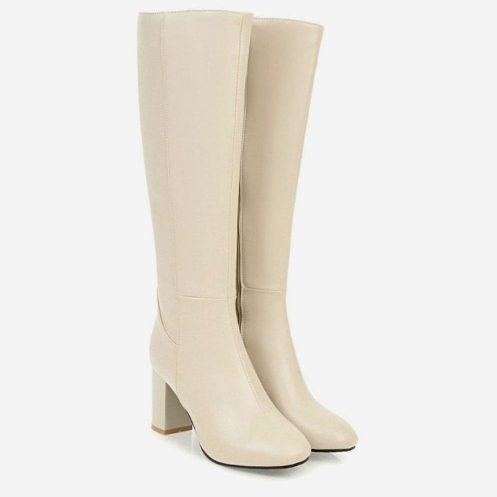 Women's Block-Heel Side-Zip Knee-High Boots - Beige