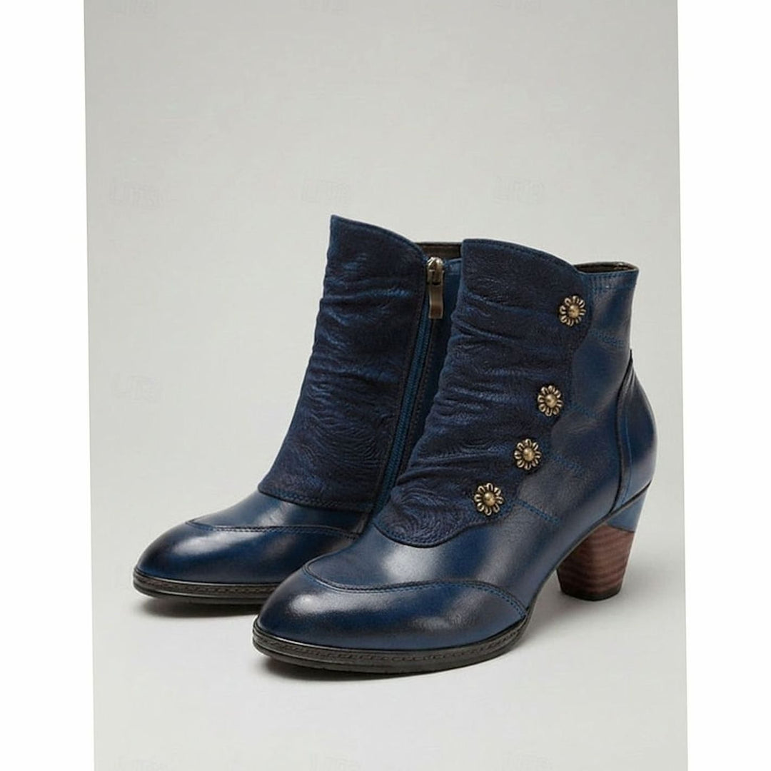 Women's Block-Heeled Ankle Booties Floral Button Zip-Up - Blue