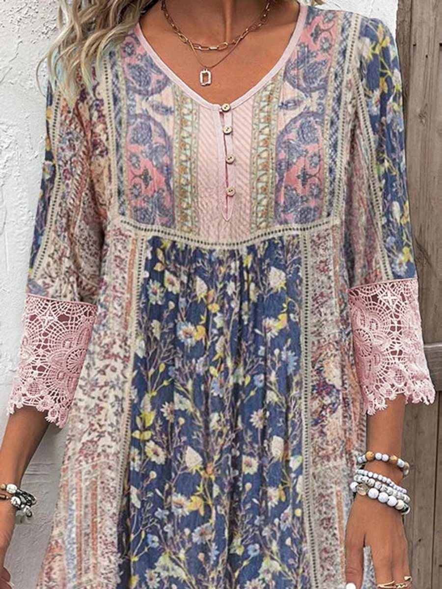 Women's Bohemian Floral Lace-Trim V-Neck Tunic Dress