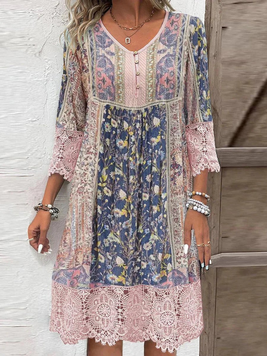 Women's Bohemian Floral Lace-Trim V-Neck Tunic Dress - Rosa