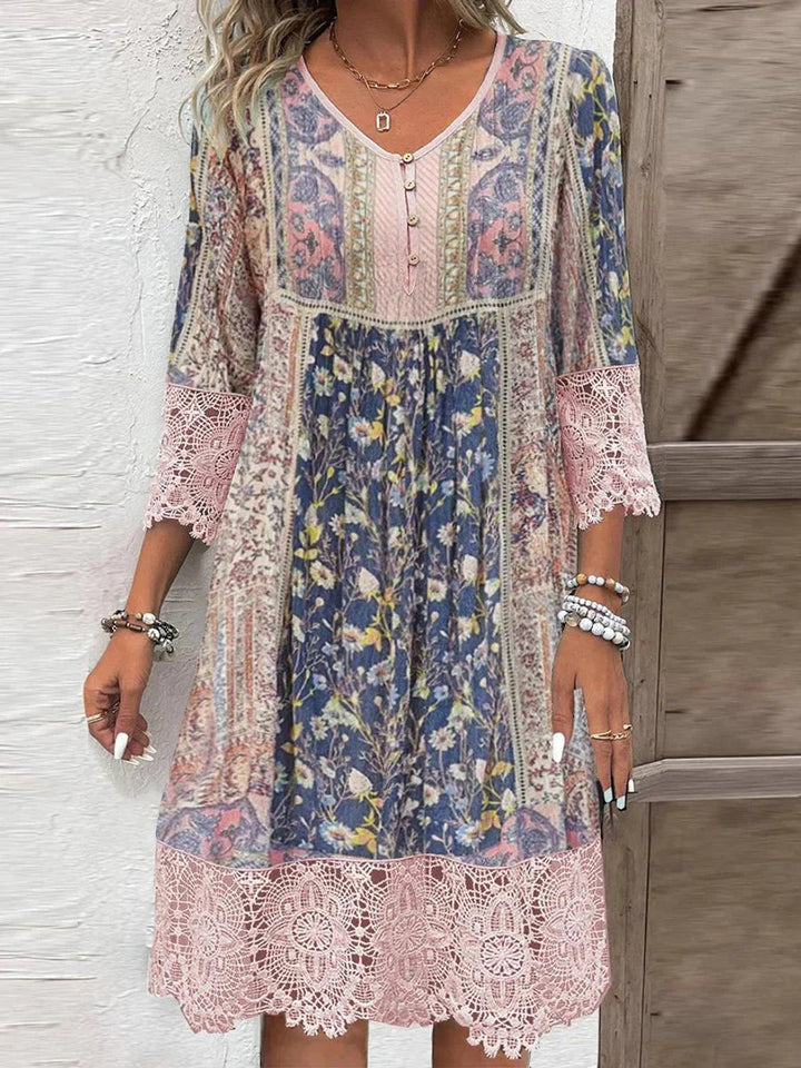 Women's Bohemian Floral Lace-Trim V-Neck Tunic Dress - Rosa