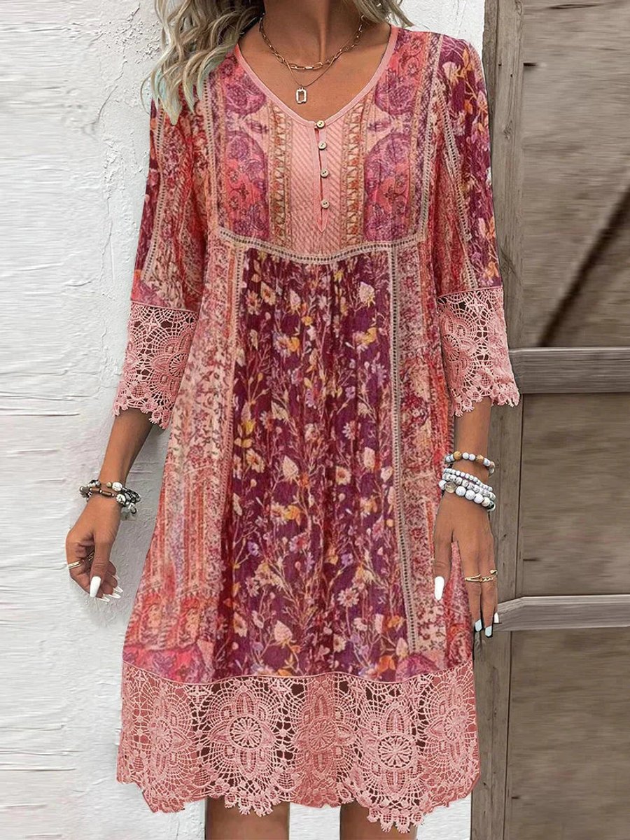 Women's Bohemian Floral Lace-Trim V-Neck Tunic Dress - Rot