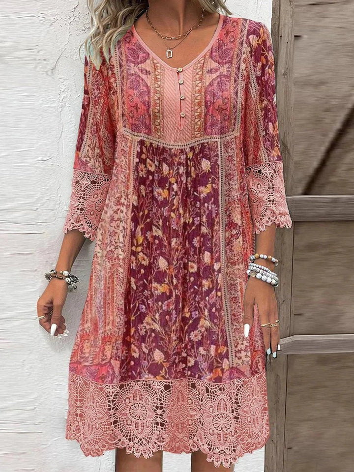Women's Bohemian Floral Lace-Trim V-Neck Tunic Dress - Rot