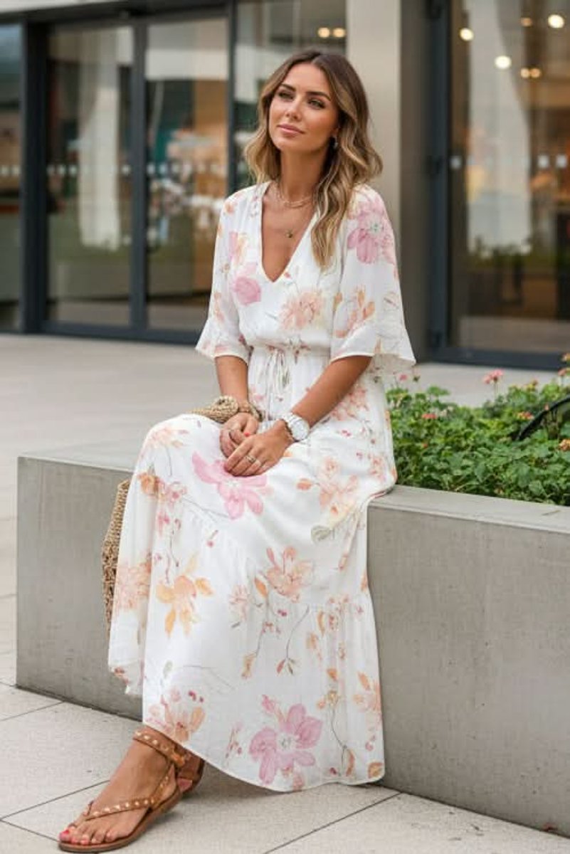 Women's Bohemian Floral Maxi Evening Gown V-Neck Adjustable Waist Dress