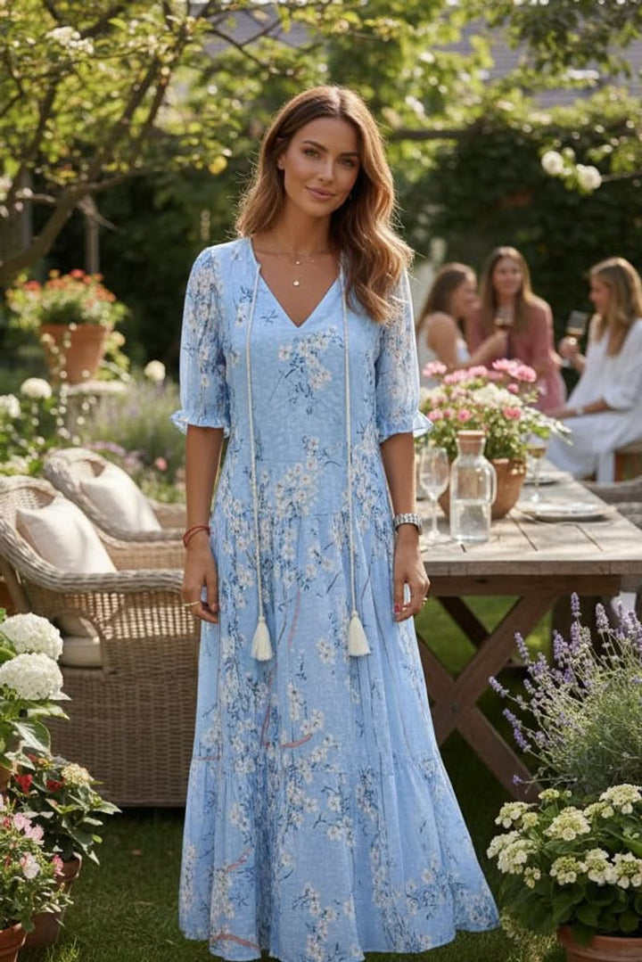 Women's Bohemian Floral Maxi Evening Gown V-Neck Adjustable Waist Dress - Sky Blue