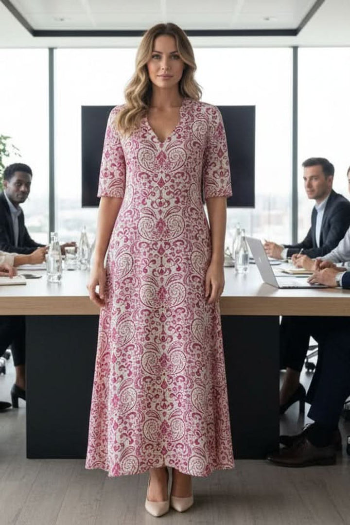 Women's Bohemian Floral Maxi Evening Gown V-Neck Adjustable Waist Dress - Pink