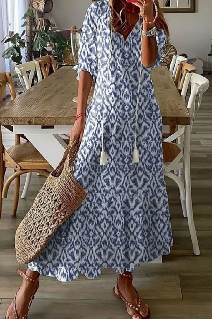 Women's Bohemian Floral Maxi Evening Gown V-Neck Adjustable Waist Dress - Light Blue