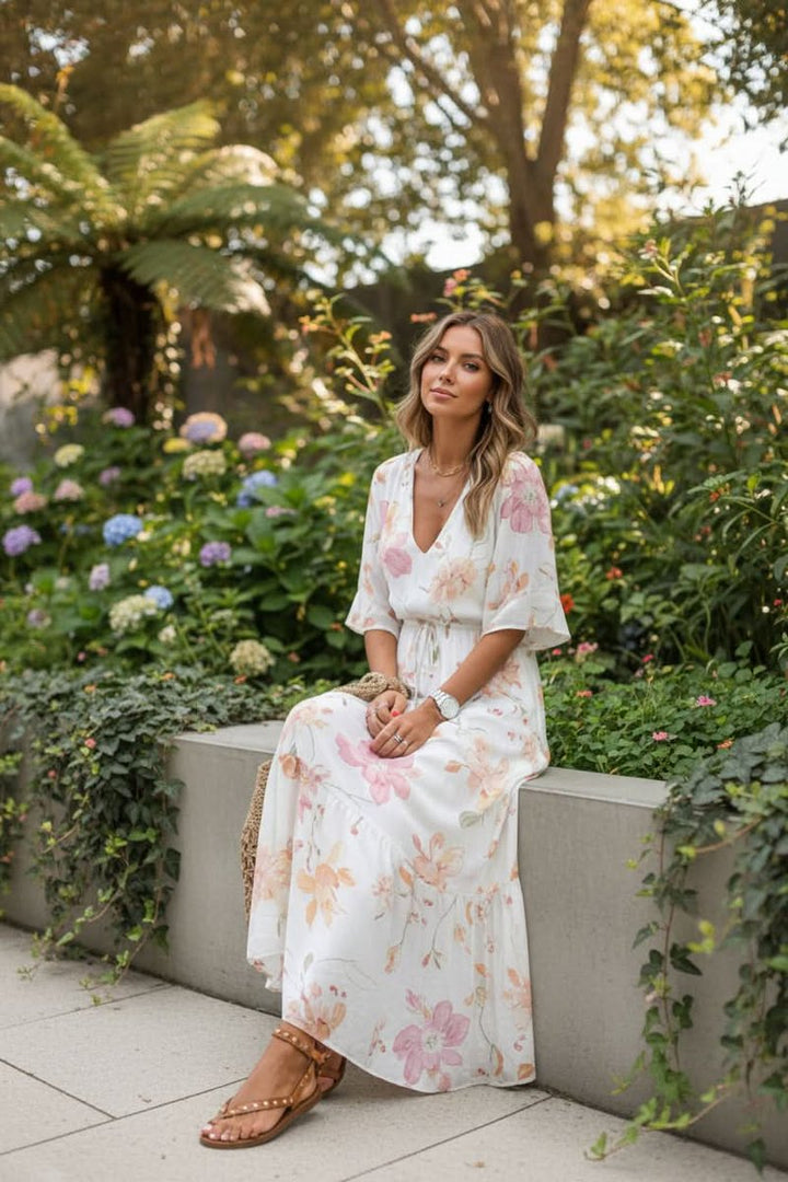 Women's Bohemian Floral Maxi Evening Gown V-Neck Adjustable Waist Dress - White