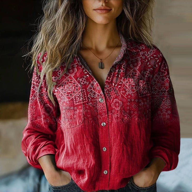 Women's Bohemian Paisley Print Long-Sleeve Button-Down Blouse - Red